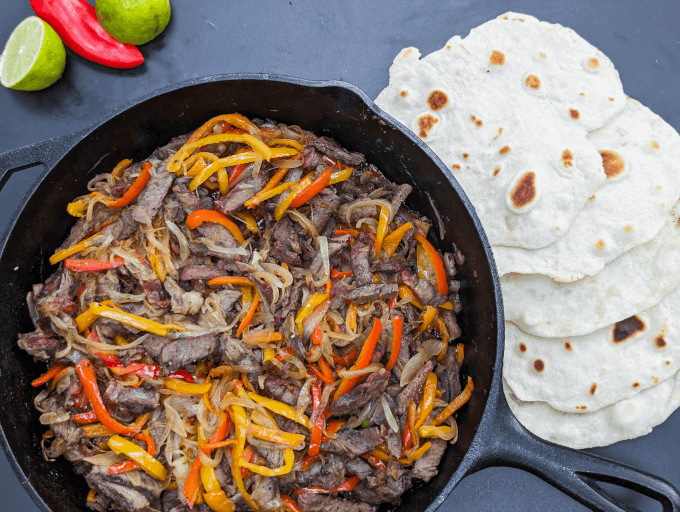 Fajitas with Flour Shells in cast iron